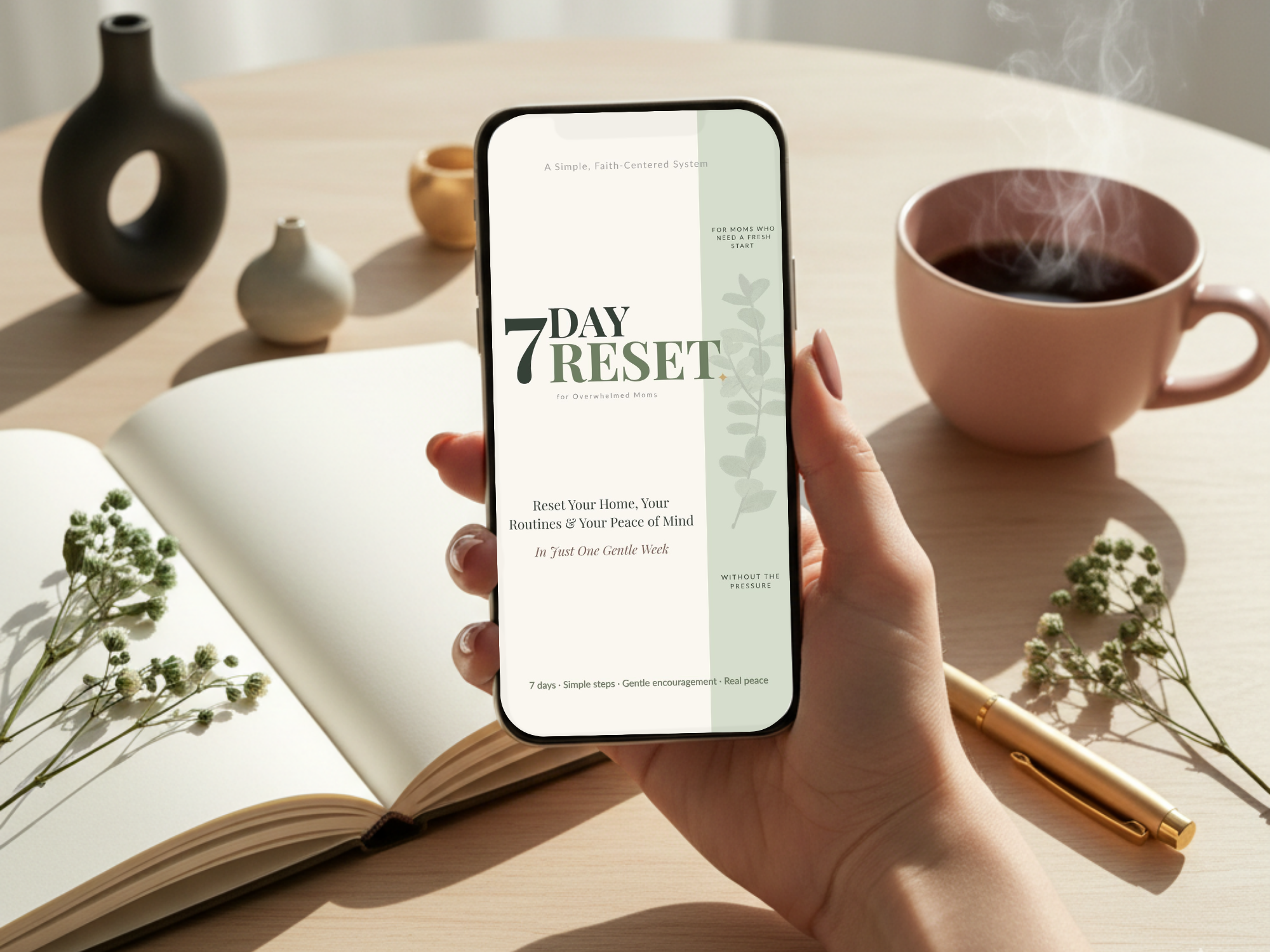 7 Day Reset — phone mockup on book